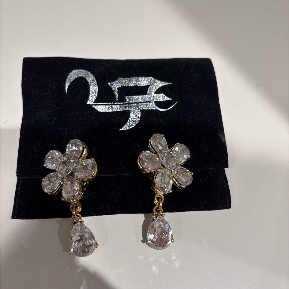 French jewellery designer cubic zirconia crystal Flower Drop Earrings clip on